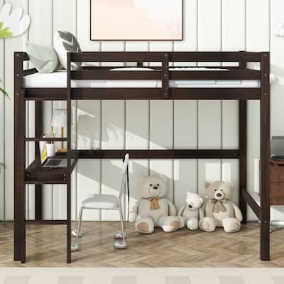 Twin High Loft Bed - Rubber Wood w/ Safety Guardrail, Built-in Desk, Ladder, Espresso