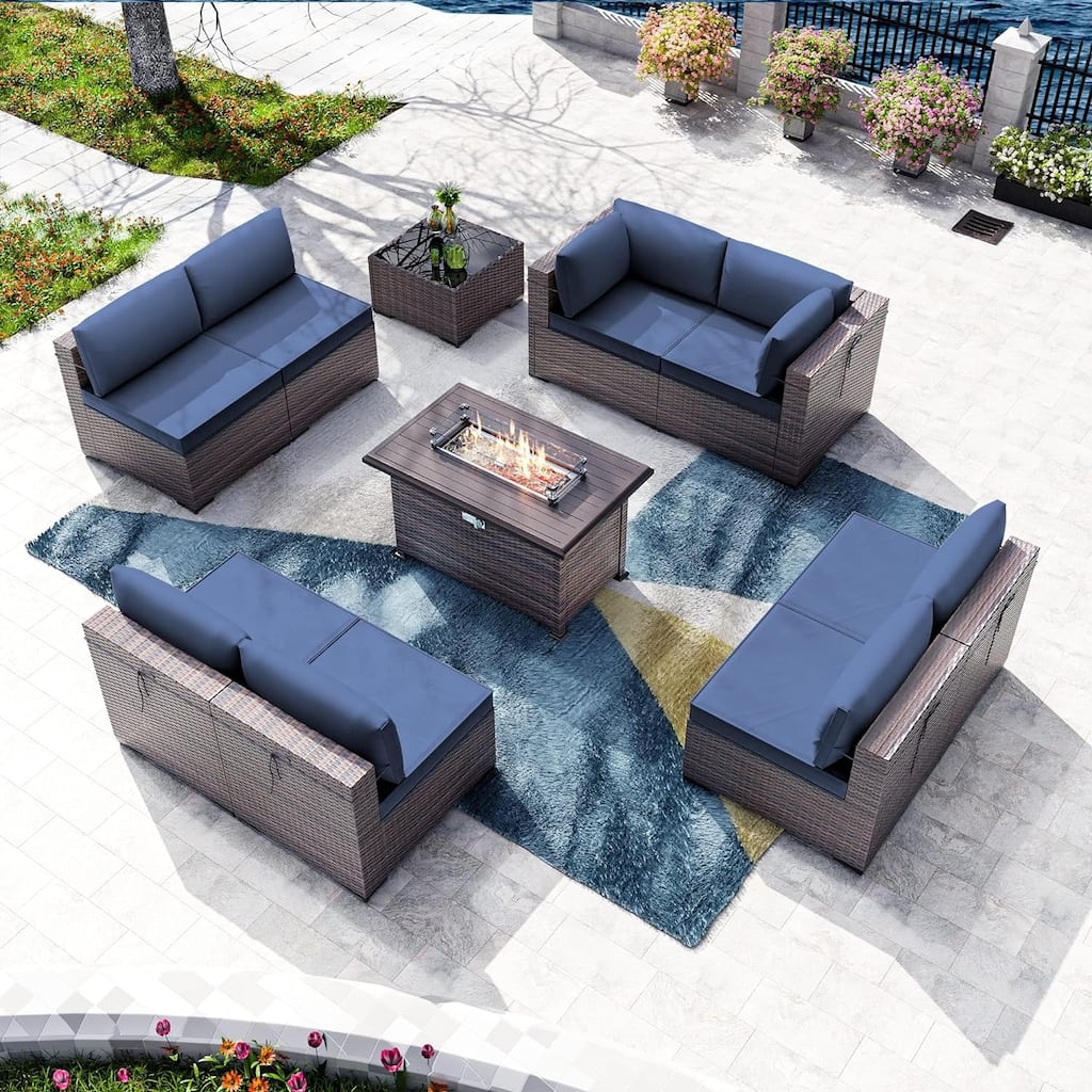 Kullavik 10 Pieces Outdoor Patio Furniture Set with Fire Pit Table