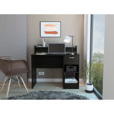 Modern Writing Desk with Storage Drawers, Open Shelf, and Stylish Hutch for Home Office or Study Room