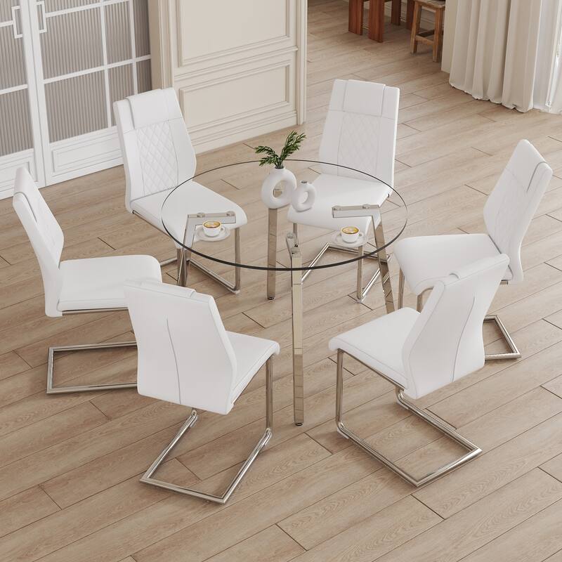 7-Piece Dining Table Set for 6, Round Glass Dining Table Set with 6 Faux Leather Chair for Family Dining Areas - Silver,White