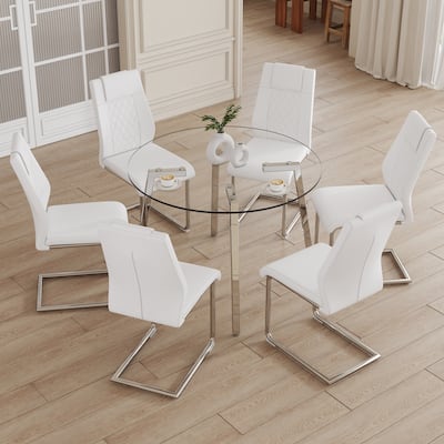 7-Piece Dining Table Set for 6, Round Glass Dining Table Set with 6 Faux Leather Chair for Family Dining Areas