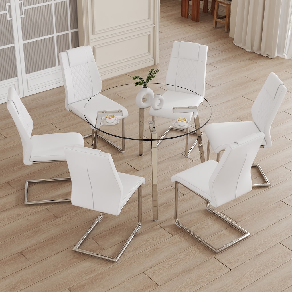 7-Piece Dining Table Set for 6, Round Glass Dining Table Set with 6 Faux Leather Chair for Family Dining Areas