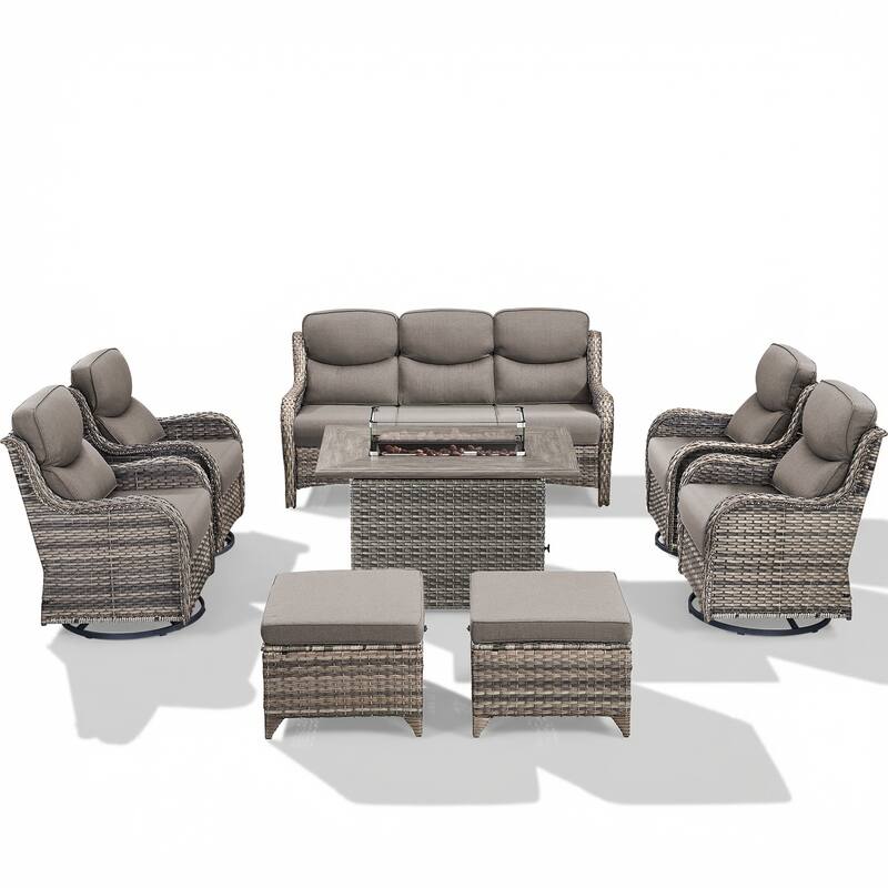 Pocassy Outdoor Fire Pit Sofa Swivel Chairs Ottoman Furniture Set