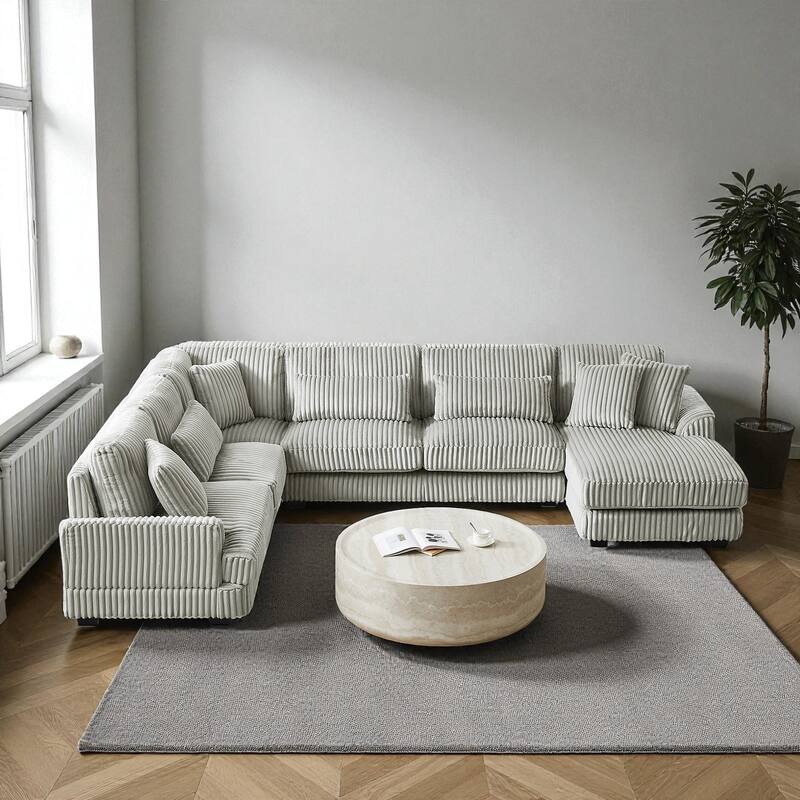 129" Oversized U-Shaped Sectional Sofa with Chaise Lounge, Soft Corduroy Upholstery and Pillows for Living Room