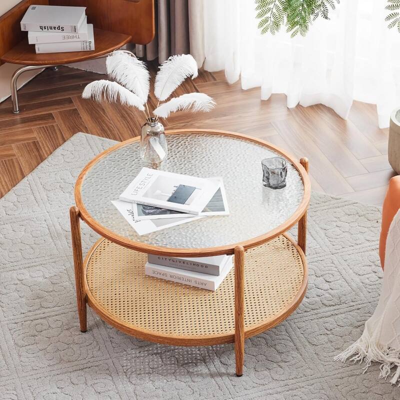 VINGLI Double-Layered Round Water Ripple Glass with Heat Transfer Wood Grain Iron Frame Coffee Table - Oak
