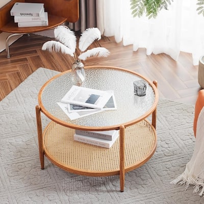 VINGLI Double-Layered Round Water Ripple Glass with Heat Transfer Wood Grain Iron Frame Coffee Table