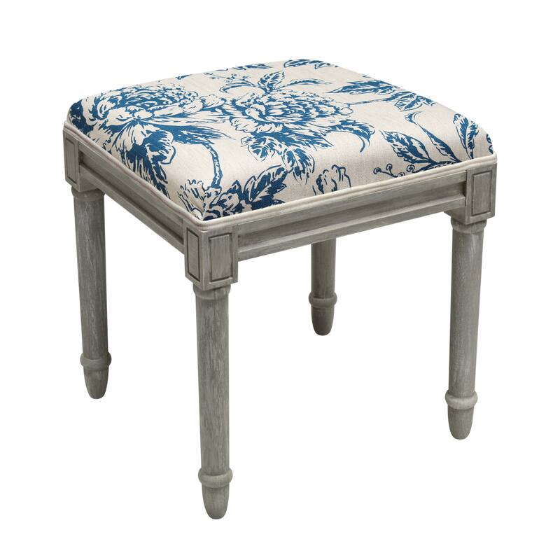 Navy Blue Peony Vanity Stool with distressed grey finish