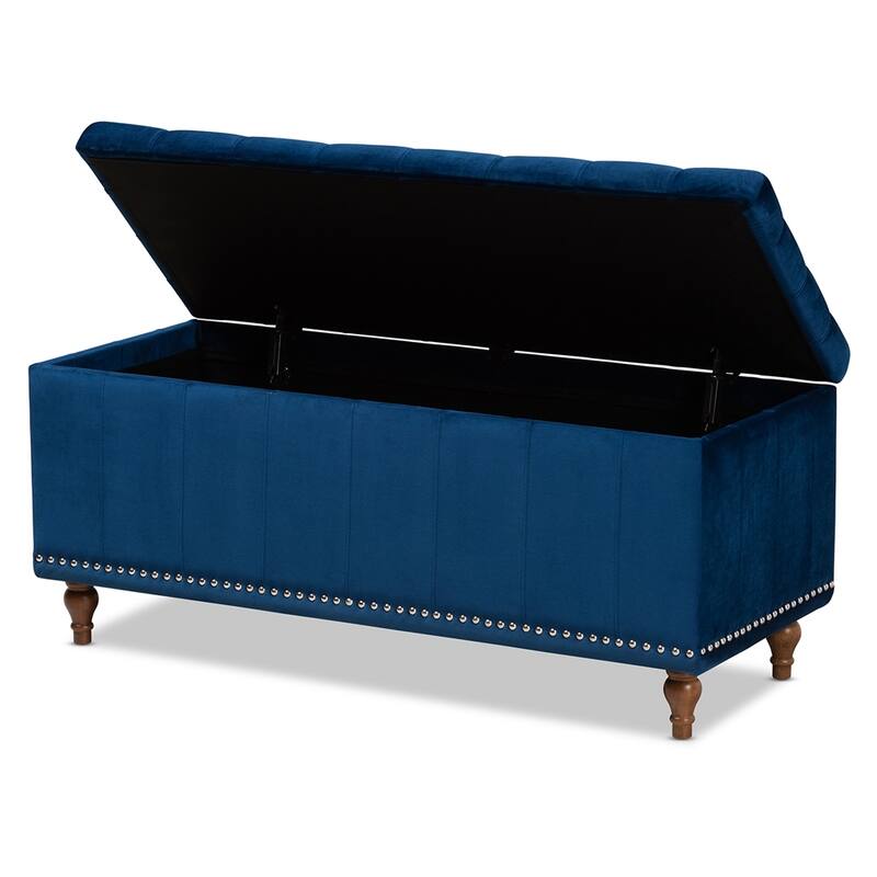 Kaylee Modern and Contemporary Navy Blue Velvet Fabric Upholstered Button-Tufted Storage Ottoman Bench