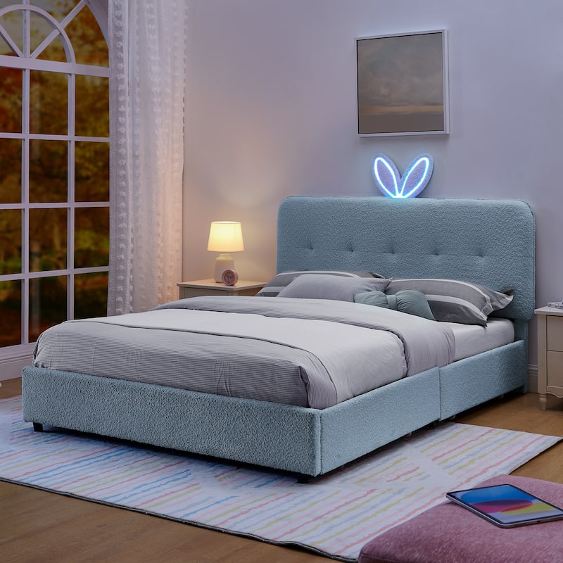 Queen Size Boucle Upholstered Bed with Rabbit Ear Headboard, LED Music Sync & 4 Drawers