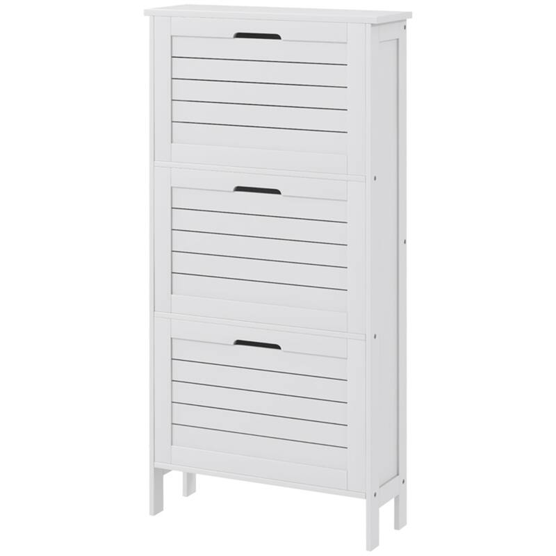 Modern White Shoe Cabinet with 3 Flip-Down Drawers for 6 Pairs Hallway Storage - 20.75" W x 7" D x 42.75" H
