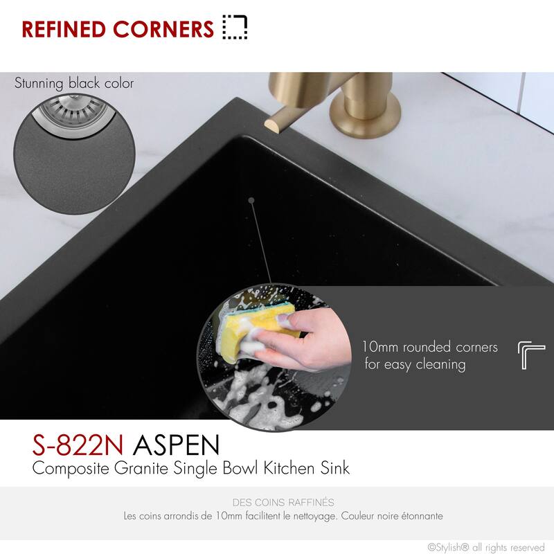 Dual mount 22 inch Black Composite Granite Single Bowl Kitchen Sink