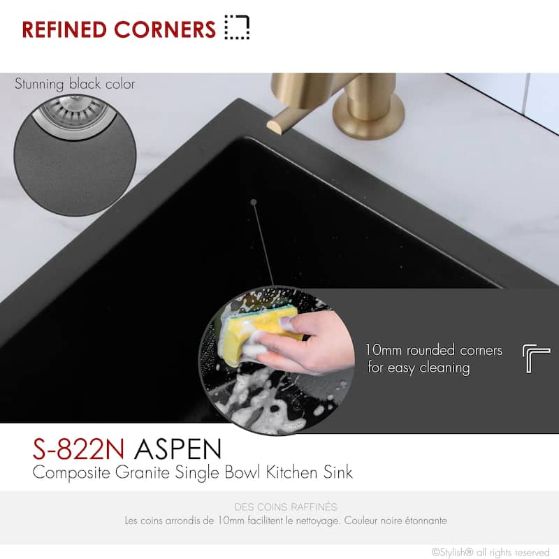 STYLISH Dual Mount 22" Single Bowl Composite Granite Kitchen Sink - 22" x 17.5" x 8.25"