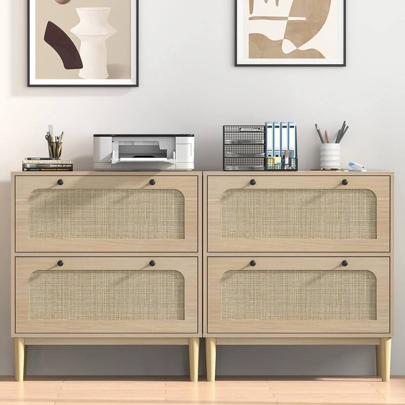 Anmytek Wood Rattan 2 Drawer Lateral File Cabinet with Adjustable Hanging Bar for Letter / A4 / Legal Size Files