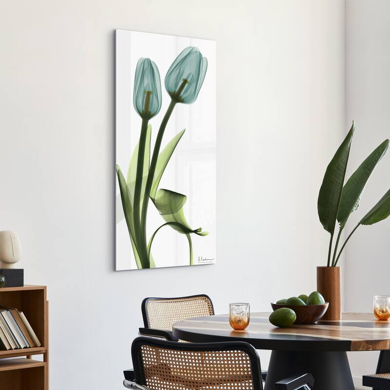 "Blue Tulips" Frameless Free Floating Tempered Glass Panel Graphic Wall Art