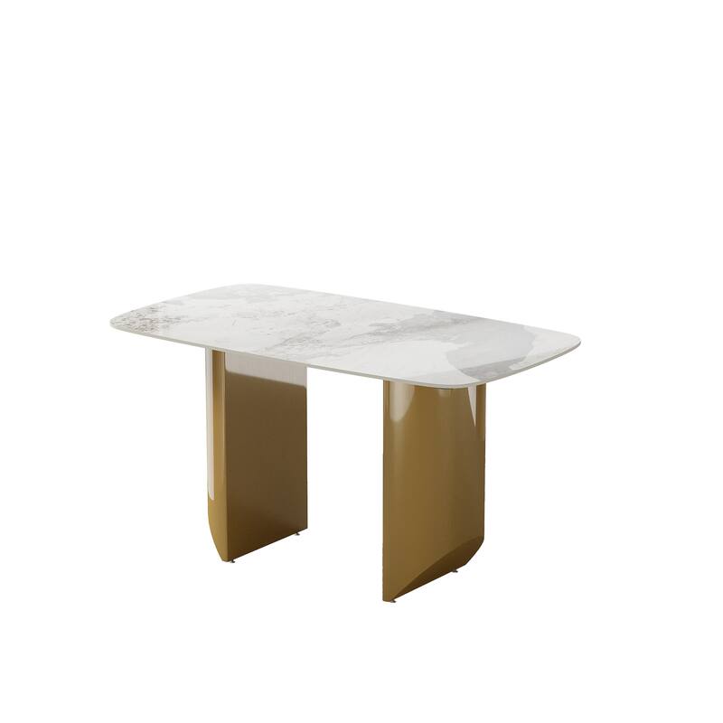 White Rectangular Sintered Stone Dining Table with Double Pedestals