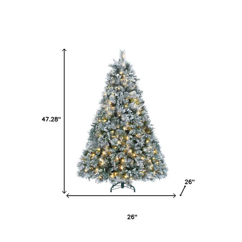 HomeRoots 4' Pre Lit Full Flocked Fir Christmas Tree - Green - 26.00 in. x 47.28 in. x 26.00 in.