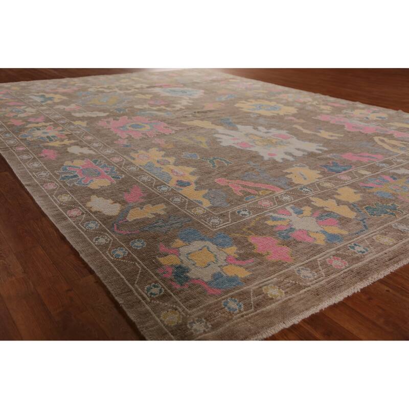 Hand Knotted Oriental 100% Wool Carpet Transitional All-Over Brown Oushak Area Rug - 12' 8'' X 8' 11''