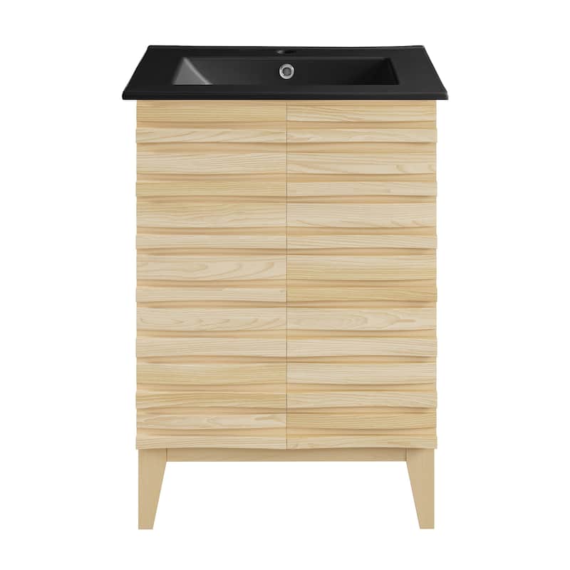 Cascade 24 In. Natural Oak Bathroom Vanity With Black Ceramic Sink Top