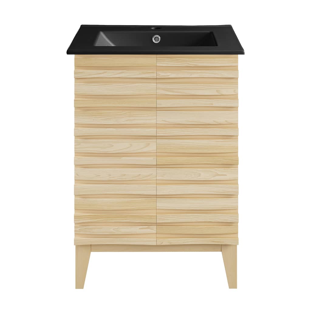 Cascade 24 In. Natural Oak Bathroom Vanity With Black Ceramic Sink Top