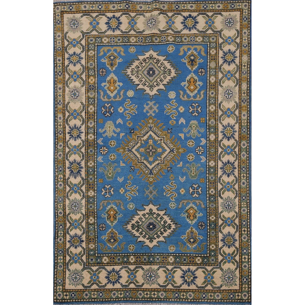 Blue Geometric Kazak Rug Handmade Oriental Wool Carpet - 3'4" x 5'0"