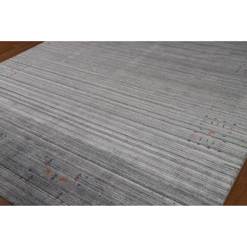 Hand Knotted Oriental 100% Wool Carpet Tribal Stripe Greys & Charcoal Gabbeh Area Rug - 9' 10'' X 8' 1''