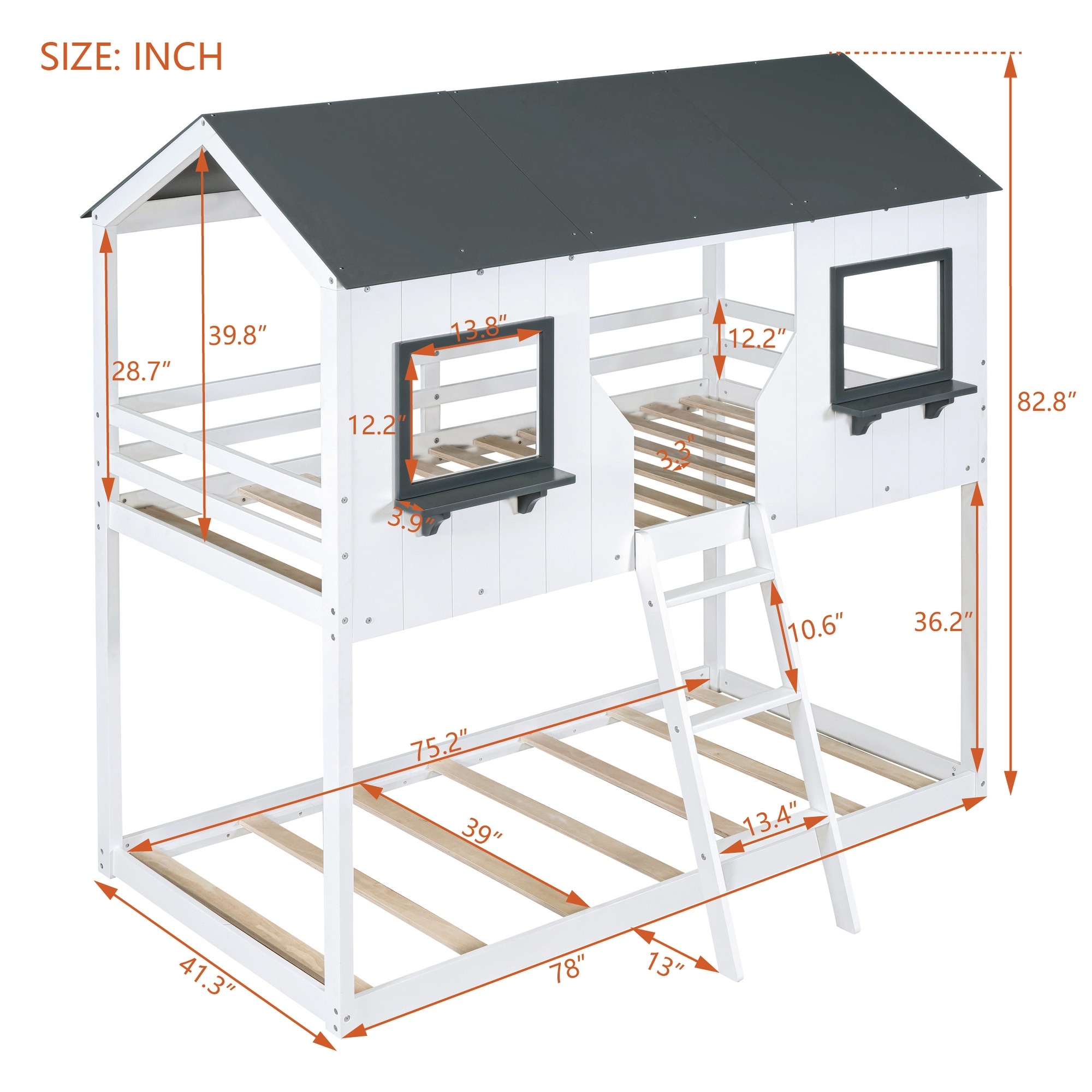 Twin Over Twin Bunk Bed Wood Bed with Roof