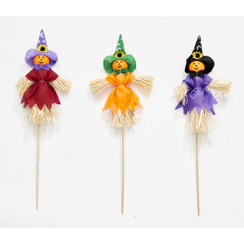 Small 8" Halloween Pumpkin With Witch Hat Pick on 10" Wooden Stick, 3 Assorted, Set of 12