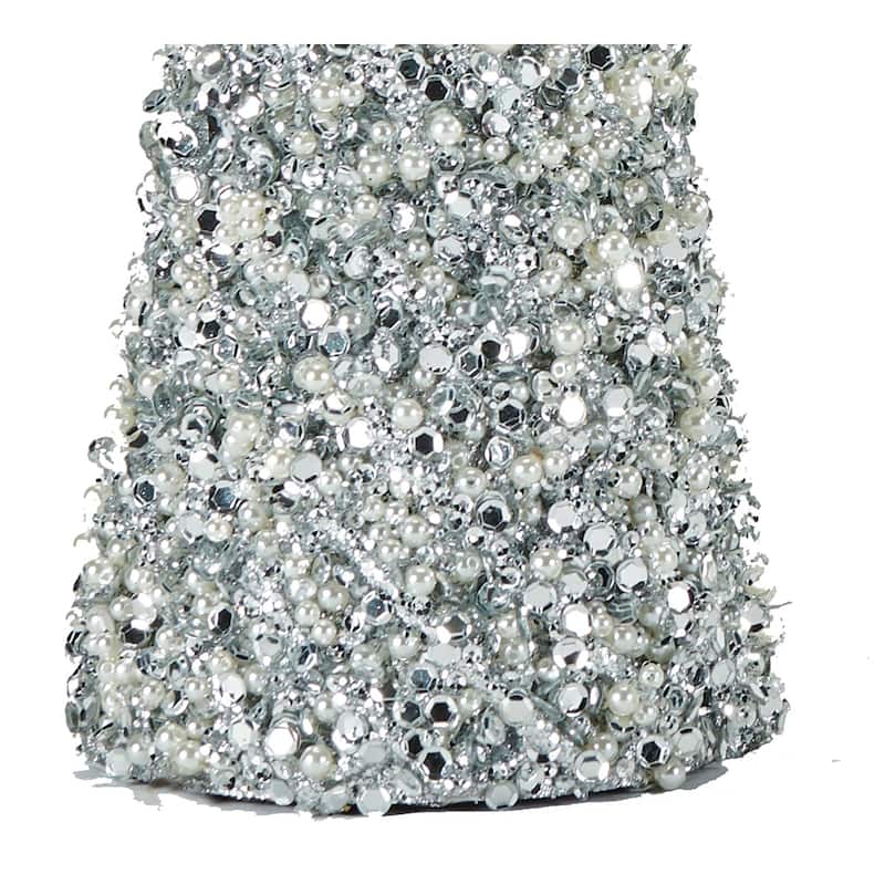 11.8" Glitter Bead And Sequin Artificial Tabletop Christmas Tree, Silver, Set of 2 - 11.8