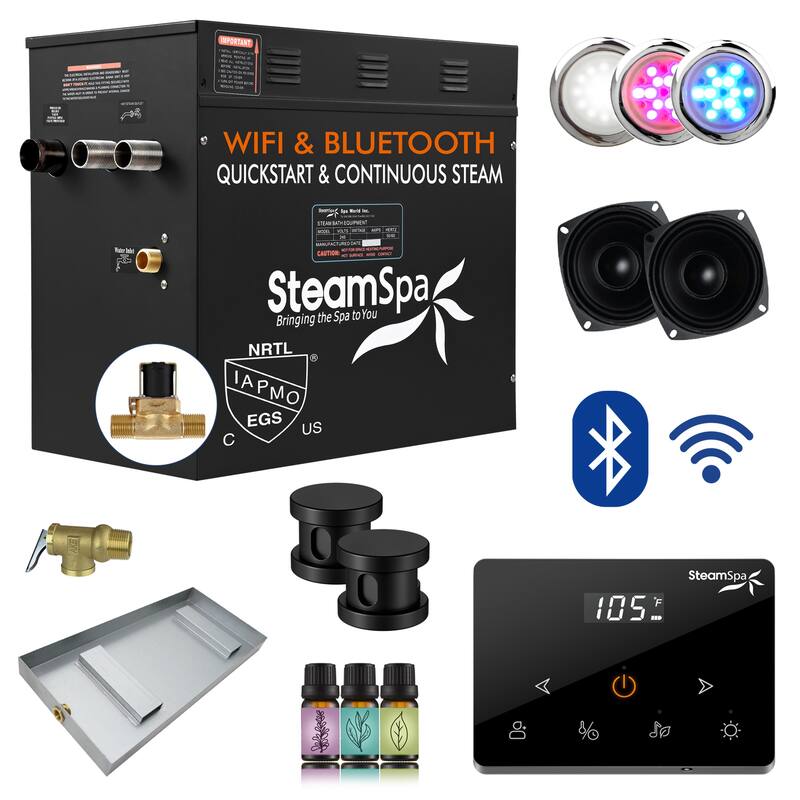 Black Series Steam Bath Generator with Fully Wireless Remote, BLUETOOTH, WIFI, and Auto Drain - 12 KW - Matte Black