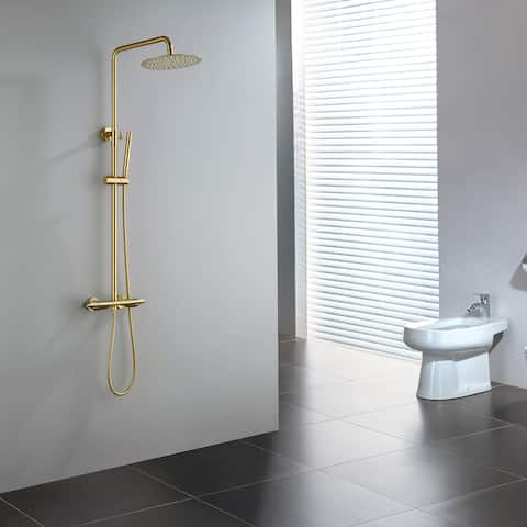 Brushed Gold Thermostatic Bathroom Slide Bar Complete Shower System With Rough-In Valve