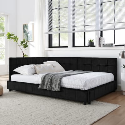 Corner Day Bed Frame, Upholstered Velvet Wooden L-Shaped Sofa Bed with Tufted Design & Wood Slats, Modern Floor Platform Bed