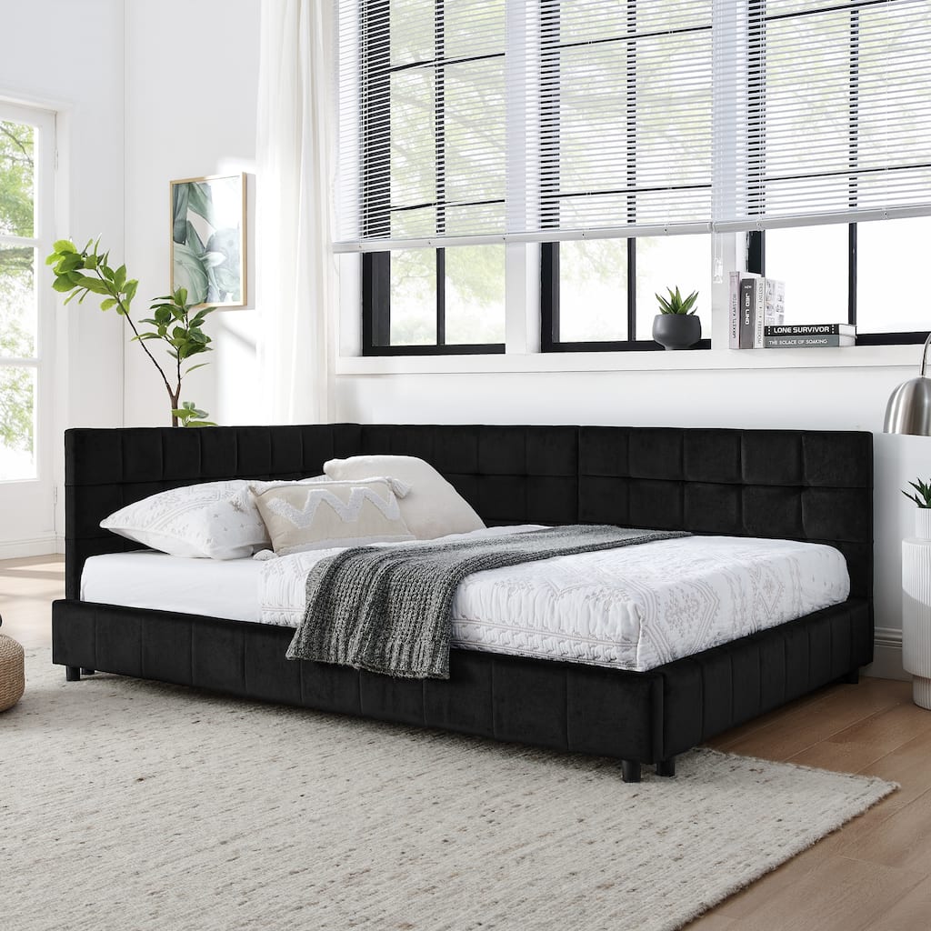 Corner Day Bed Frame, Upholstered Velvet Wooden L-Shaped Sofa Bed with Tufted Design & Wood Slats, Modern Floor Platform Bed