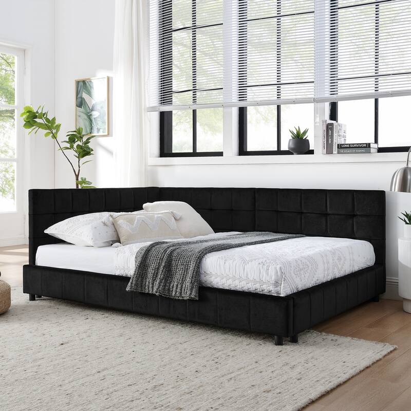 L-shaped Velvet Upholstered Daybed Tufted Sofa Bed with Soft Backrest Armrests - and Optional Corner Storage Day Bed