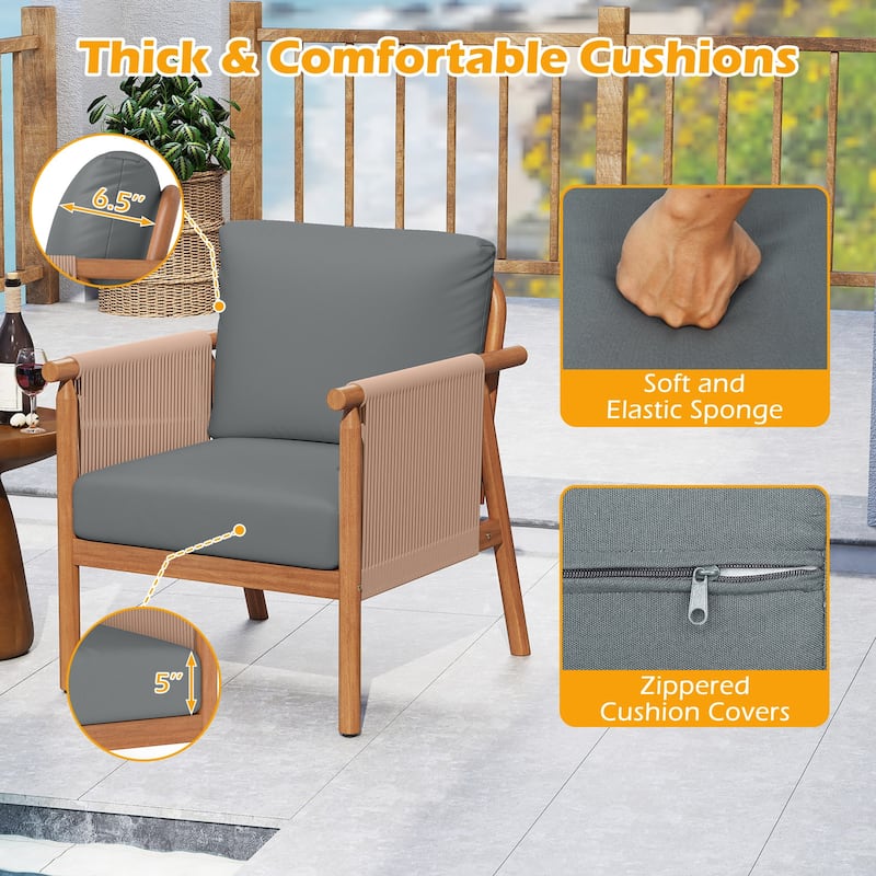 Gymax 4PCS Patio Acacia Wood Chair w/ Woven Rope Armrests & Seat Back