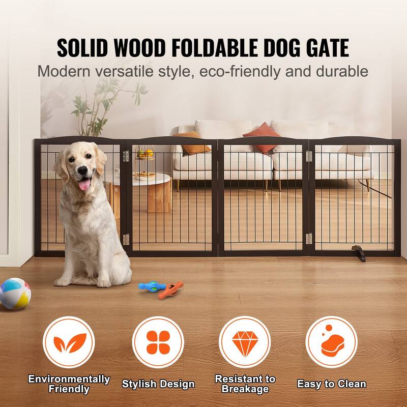 Modern 4 Panels Foldable and Expandable Freestanding Pet Gate with Footpads - 96.46 x 9.65 x 32.01 in