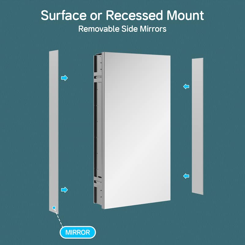 16x30" Tri-View Mirrored Medicine Cabinet with Soft-Close Blum Hinges, Reversible Door, Recessed/Surface Mount, Aluminum Body