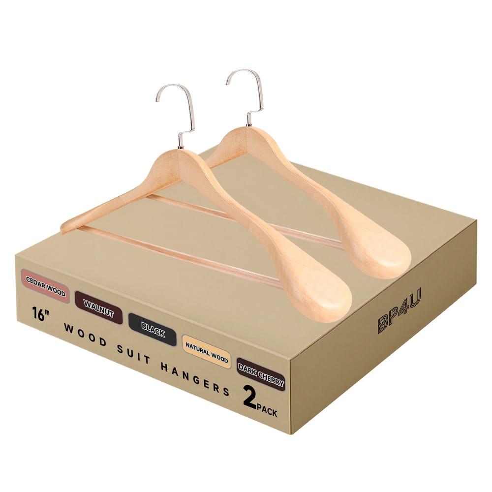 BP4U Premium Wide Shoulder Wooden Suit Hangers, 16-Inch Heavy-Duty Solid Wood Coat Hangers for Women's Clothes
