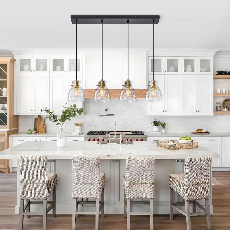 Starsky 4-Light Modern Linear Chandelier Cluster Kitchen Island Light with Hammered Glass Shade - Black&Gold