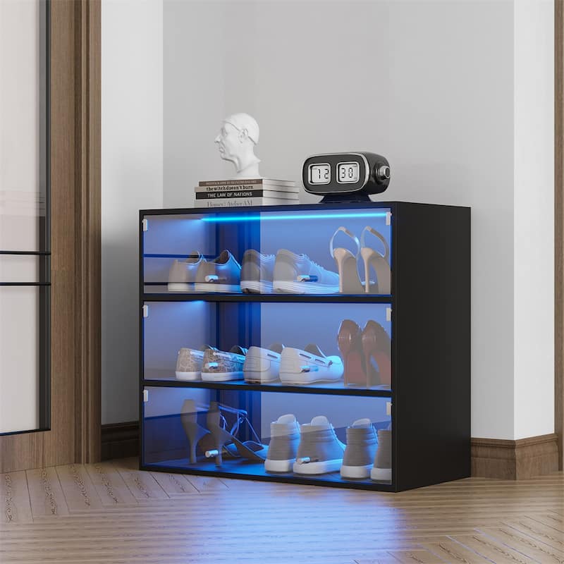 Wood Shoe Storage Cabinet with Glass Door and Led Light - 31.3*14.76*28.35