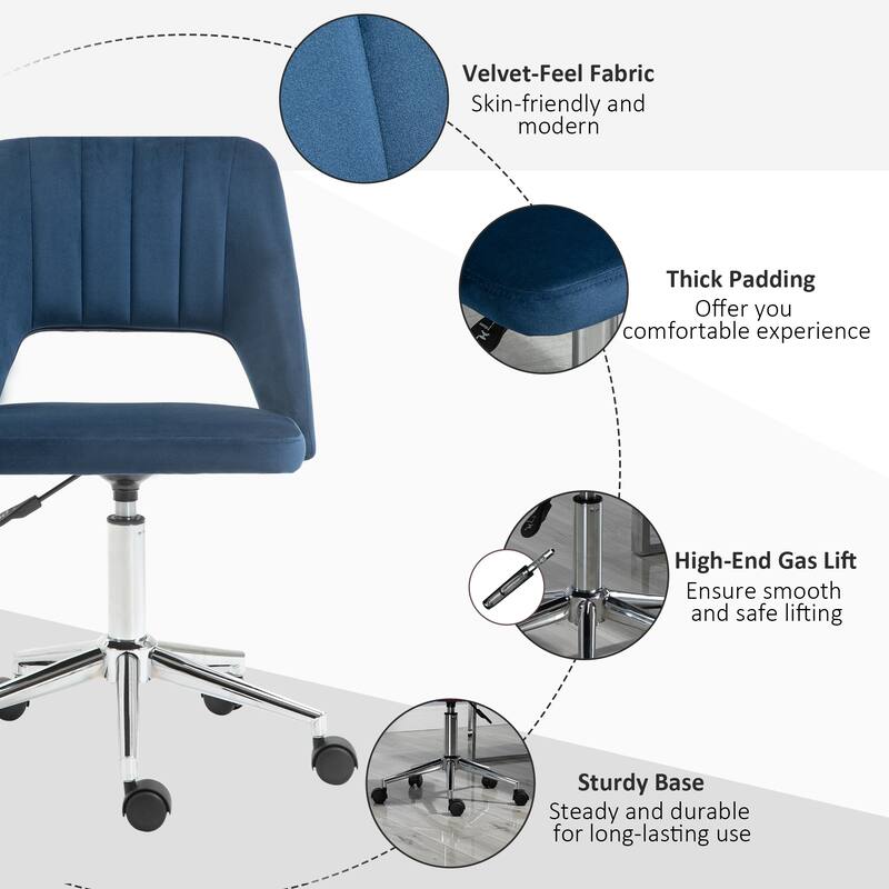 Velvet Fabric Desk Chair with Adjustable Height, 360° Swivel Seat, and Open Back for Home Office or Vanity Use