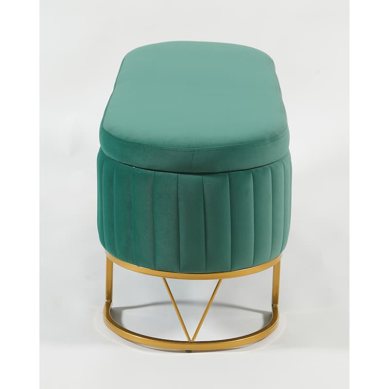 Oval Velvet Storage Bench with Metal Legs - Upholstered Bedroom Bench, Modern Storage Ottoman Bench for Living Room or Bedroom