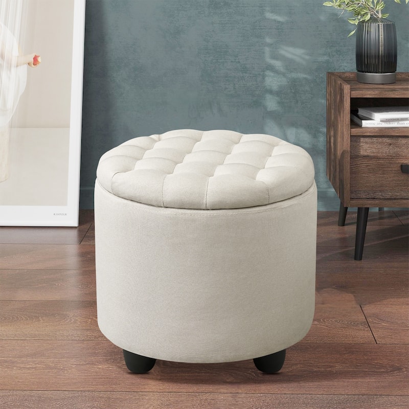 Modern Button Tufted Accent Storage Ottoman, Small Upholstered Circle Pouf Footstool with Removable Lid Storage Ottoman - Beige