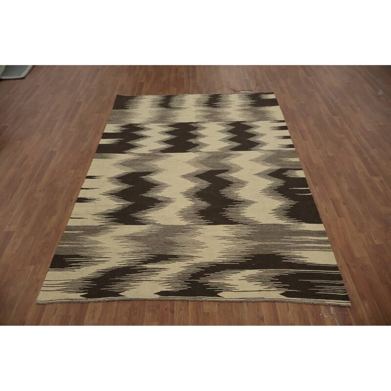 Hand Woven Oriental 100% Wool Carpet Southwestern Modern Beige & Ivories Kilim Area Rug - 8' 9'' X 6' 0''