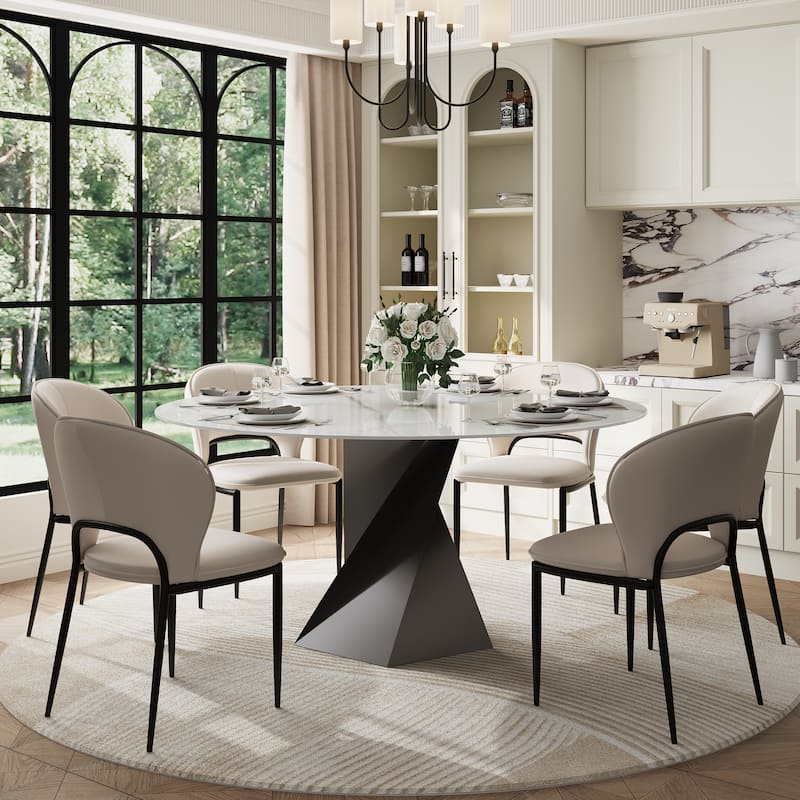 59" Modern Round Dining Table for 6-8, Glossy White Sintered stone Table top, Steel Grille column base