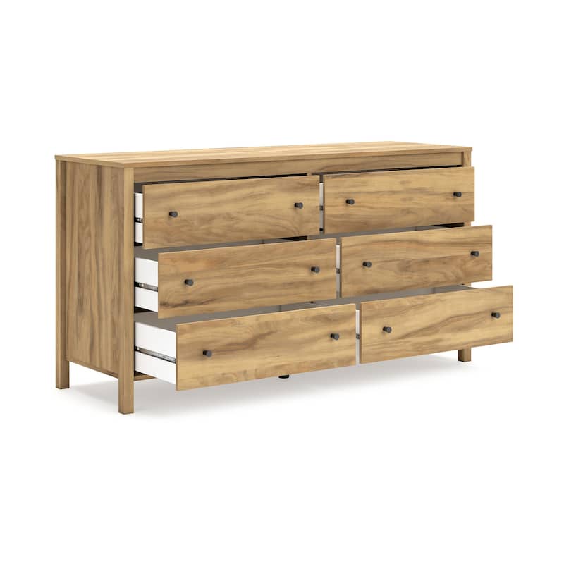 Maci Wide Dresser, 6 Drawers, Light Natural Brown Wood Finish, 61 Inch