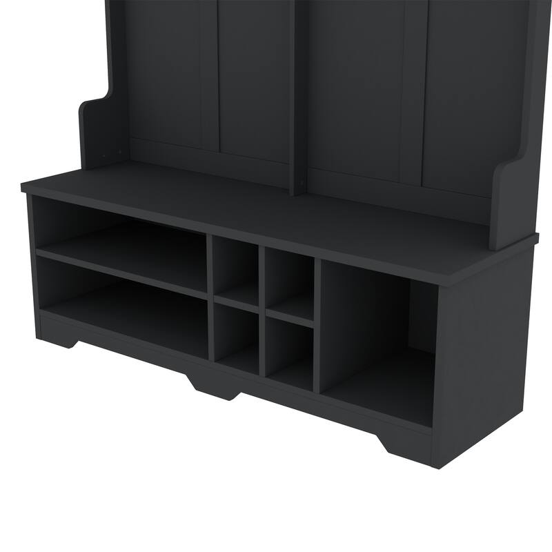 Modern Entryway Hall Tree with Metal Hooks, Shoe Cubbies and Storage Cabinets, Multi-Functional Hallway Coat Rack with Bench