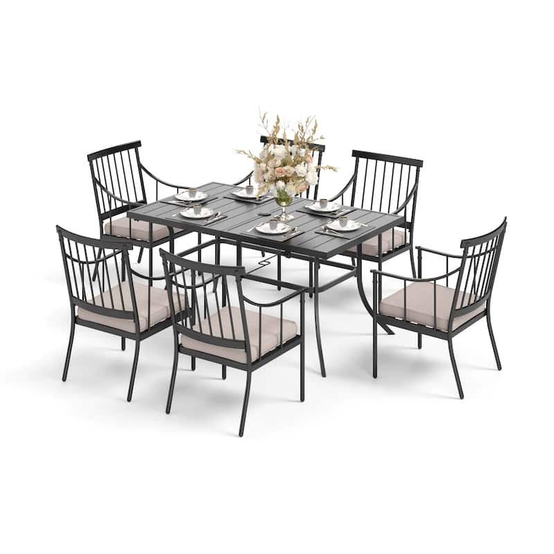 MAISON ARTS 7-Piece Patio Dining Set Steel Panel Table & 6 Dining Arm Chairs