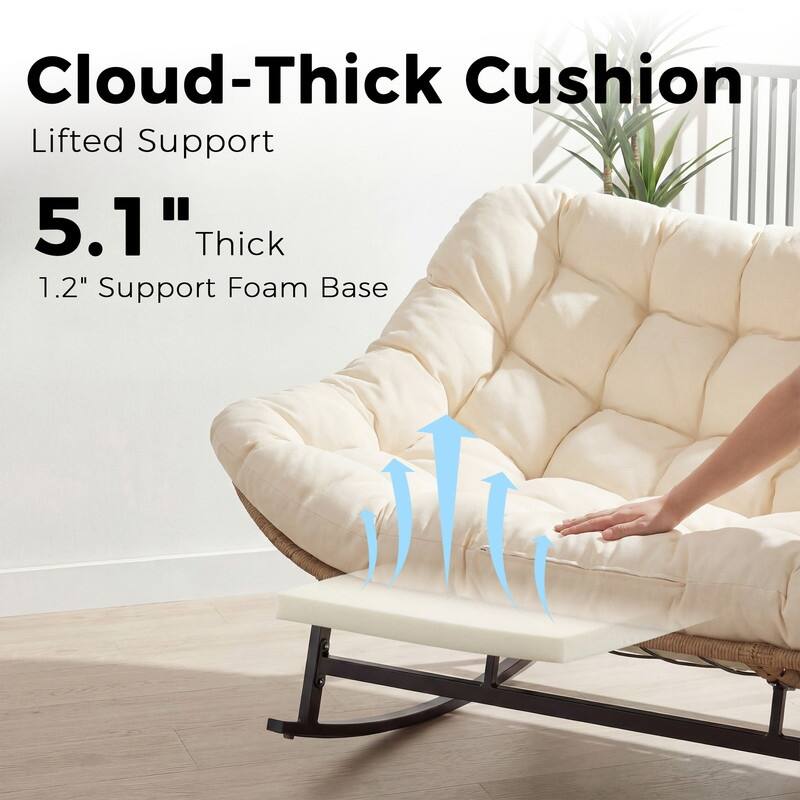 60" Double Papasan Rocking Chair for 2, 700-lb Capacity Wicker Egg Rocker with 5.1" Thick Cushion