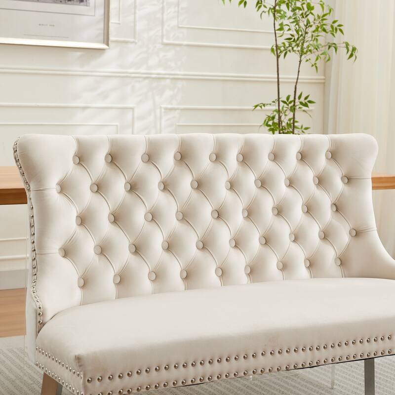 Velvet Double Dining Loveseat Bench, Kitchen & Dining Seating, 2-Seat Tufted Bench w/Handmade Buttons, Wing Back
