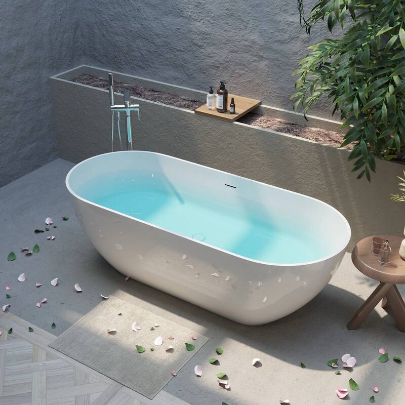 ABRUZZO Glossy White Freestanding Solid Surface Bathtub with Overflow and Pop-up Drain - 59" - Glossy White